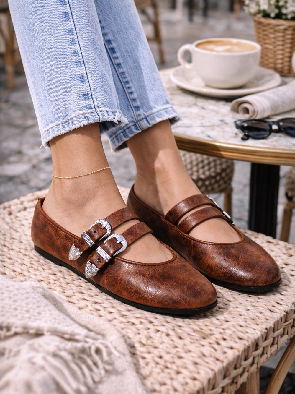 Azarayah Western Double-Buckle Distressed Mary Jane Ballet Flat